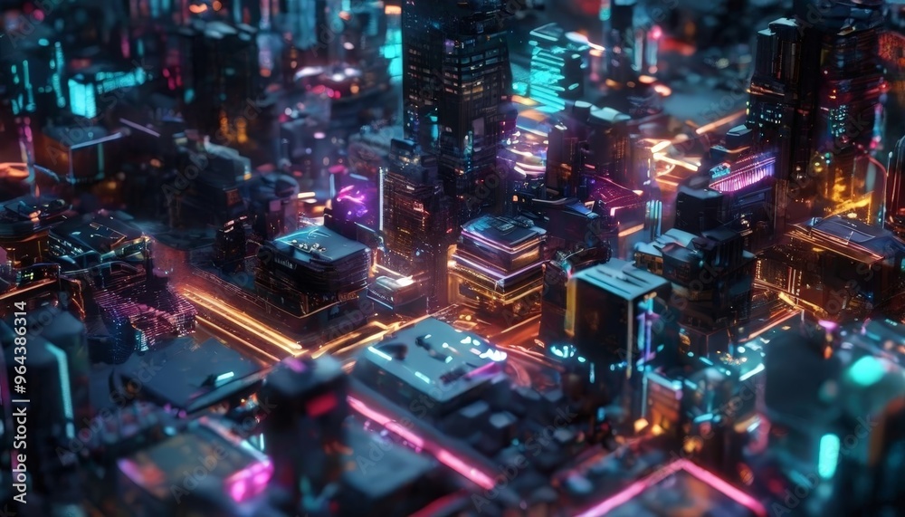 futuristic cityscape, characterized by a dense cluster of tall buildings adorned with numerous windows and glowing with a myriad of colors, including blue, green, and orange. The futuristic cityscape, characterized by a dense cluster of tall buildings adorned with numerous windows and glowing with a myriad of colors, including blue, green, and orange. The