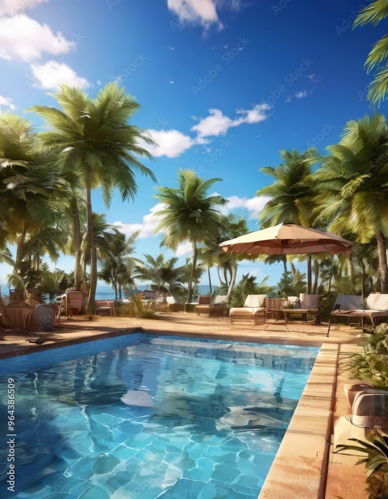 A tropical resort with a swimming pool, palm trees, and a clear blue sky. A tropical resort with a swimming pool, palm trees, and a clear blue sky.