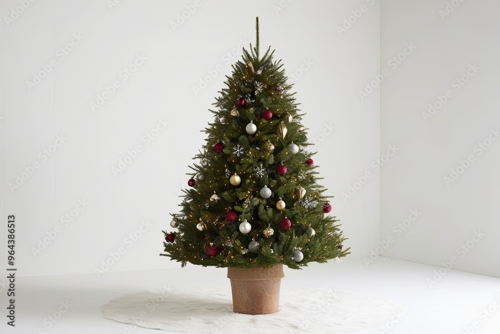 Majestic 3 to 4 Feet Tall Christmas Tree in Rustic Burlap Pot with Gold Silver and Crimson Ornaments on Elegant White Background Majestic 3 to 4 Feet Tall Christmas Tree in Rustic Burlap Pot with Gold Silver and Crimson Ornaments on Elegant White Background