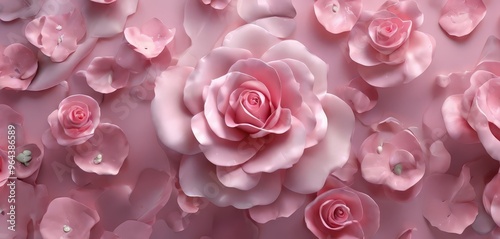 A close-up view of a pink rose with a large center petal, surrounded by smaller petals, against a pink background.