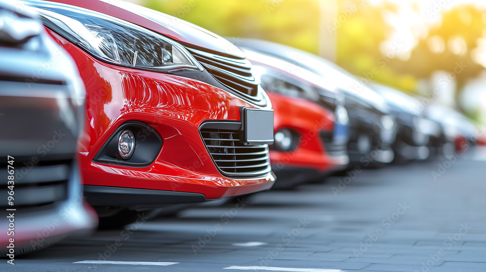 Close-up of red cars parked in a dealership lot on a bright day Close-up of red cars parked in a dealership lot on a bright day