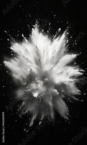 A dramatic black and white photograph of a large explosion, with a cloud of white powder or dust billowing out in all directions.