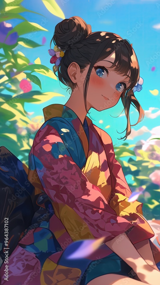 Colorful Anime Girl in Kimono Enjoying Nature Colorful Anime Girl in Kimono Enjoying Nature