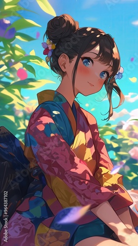 Colorful Anime Girl in Kimono Enjoying Nature