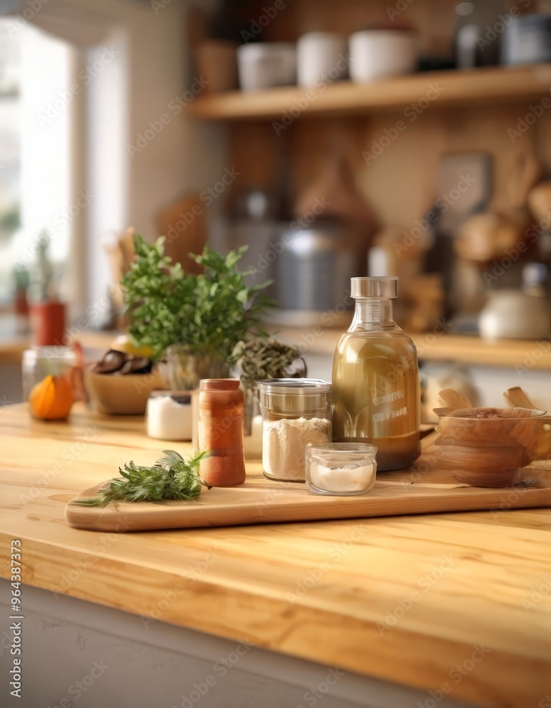 A wooden kitchen countertop displays an array of cooking ingredients, including a bottle of olive oil, a jar of spices, a bowl of fresh herbs, and a small vase of greenery. A wooden kitchen countertop displays an array of cooking ingredients, including a bottle of olive oil, a jar of spices, a bowl of fresh herbs, and a small vase of greenery.