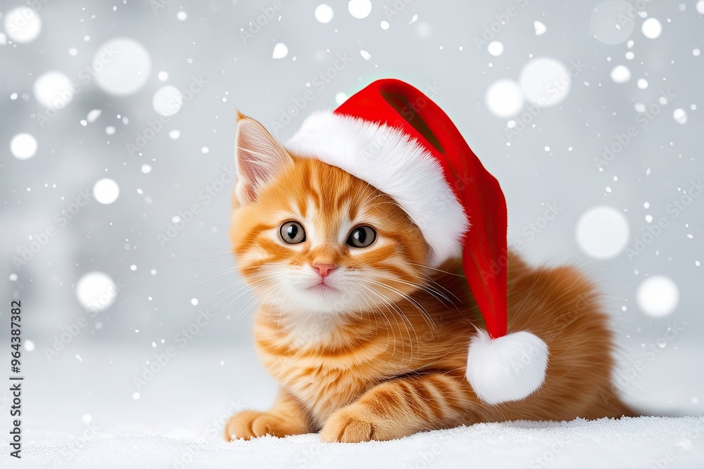 Adorable Orange Kitten Wearing Santa Hat Staring Charming at Camera on Snowy Background Adorable Orange Kitten Wearing Santa Hat Staring Charming at Camera on Snowy Background