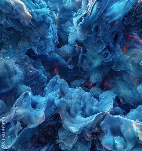 a digital art piece featuring a swirling, abstract pattern of blue and red hues, resembling a fluid, ethereal environment.