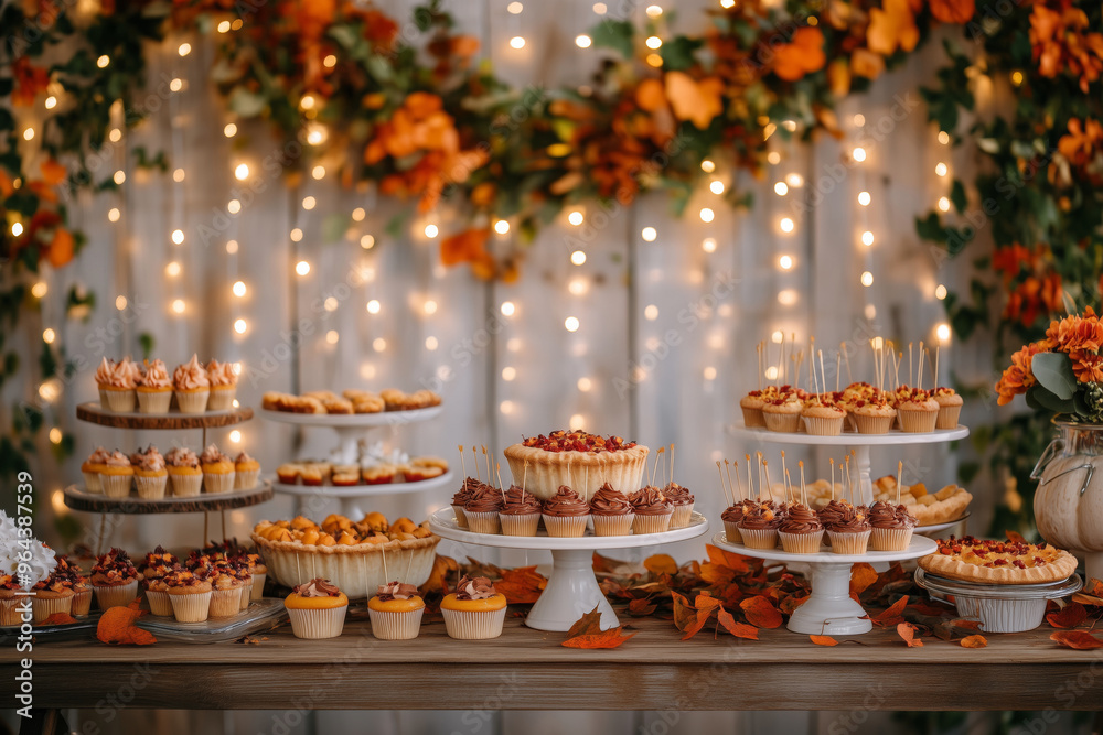 Various desserts, cake, cookies, pastries and macaroons on a beautifully decorated table in autumn style Various desserts, cake, cookies, pastries and macaroons on a beautifully decorated table in autumn style