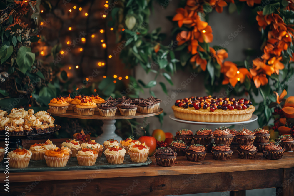 Various desserts, cake, cookies, pastries and macaroons on a beautifully decorated table in autumn style Various desserts, cake, cookies, pastries and macaroons on a beautifully decorated table in autumn style