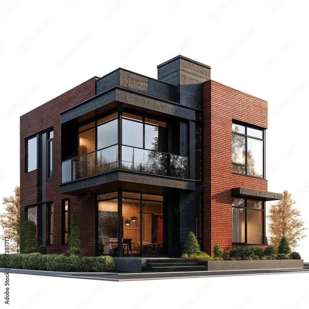 Photorealistic 3D Rendering: Industrial Duplex House on White Background