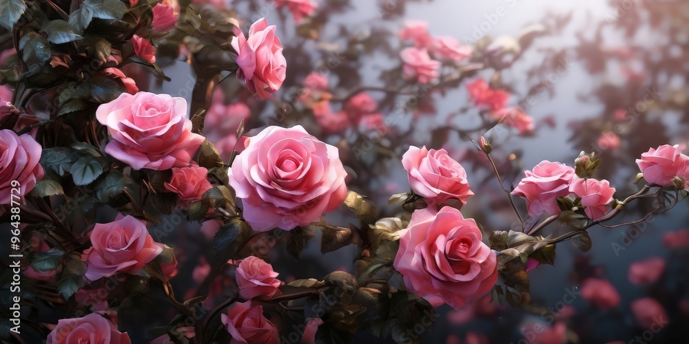 A close-up of pink roses in full bloom, with some leaves and branches visible, set against a blurred background of more pink roses. A close-up of pink roses in full bloom, with some leaves and branches visible, set against a blurred background of more pink roses.