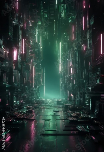 A futuristic cityscape with a glowing, neon-lit corridor leading to a mysterious doorway.