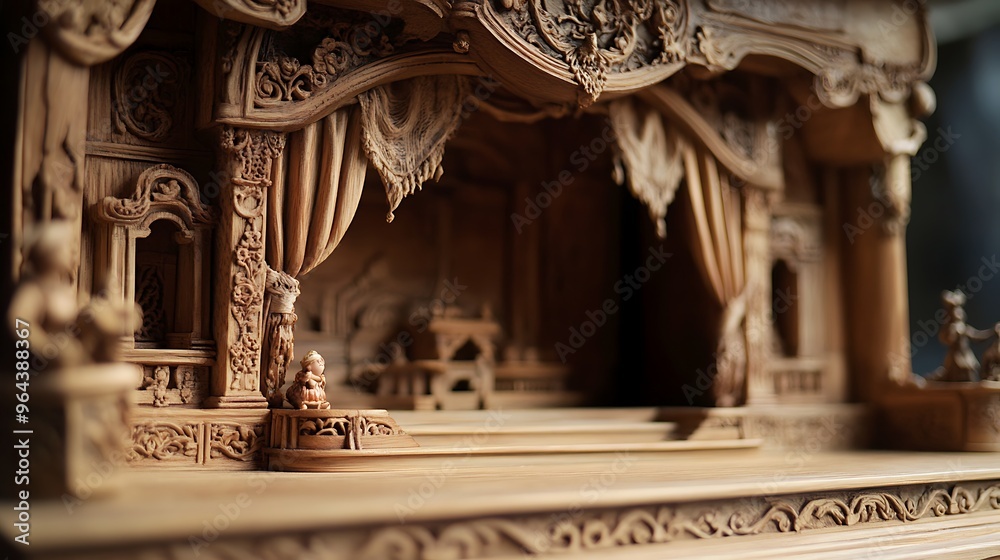 Fototapeta premium Intricately Carved Wooden Stage with Miniature Figure