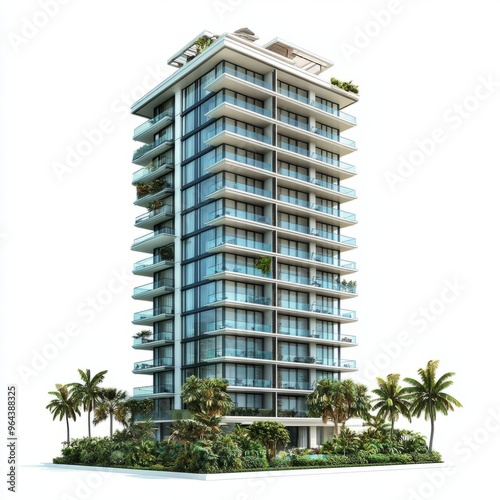 Modern Tropical High-Rise Apartment: Photorealistic 3D Render on White Background