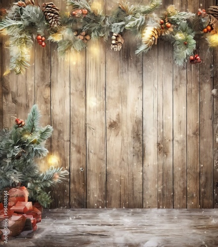 A rustic wooden background with a festive Christmas garland and pine cones, complemented by a small Christmas tree with red and green ornaments.