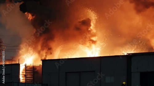The factory was consumed by a blazing inferno, with flames and heat causing widespread destruction, turning the scene into a tragic disaster of burning devastation.