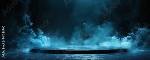 A dark, mysterious stage with a circular platform, surrounded by swirling smoke and dramatic lighting, evoking a sense of theatrical performance.