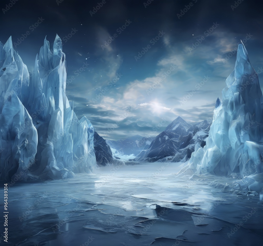 a serene, frozen landscape with towering, jagged ice formations on either side of a calm, reflective lake. The sky above is a deep blue, dotted with stars, and the overall scene a serene, frozen landscape with towering, jagged ice formations on either side of a calm, reflective lake. The sky above is a deep blue, dotted with stars, and the overall scene