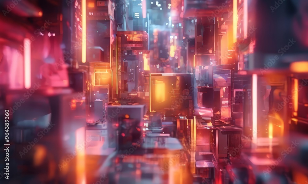 a digital art piece featuring a futuristic cityscape with neon lights and a complex network of buildings and structures. a digital art piece featuring a futuristic cityscape with neon lights and a complex network of buildings and structures.