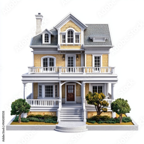 Photorealistic 3D Model: Quadruplex Colonial House on White Background 1