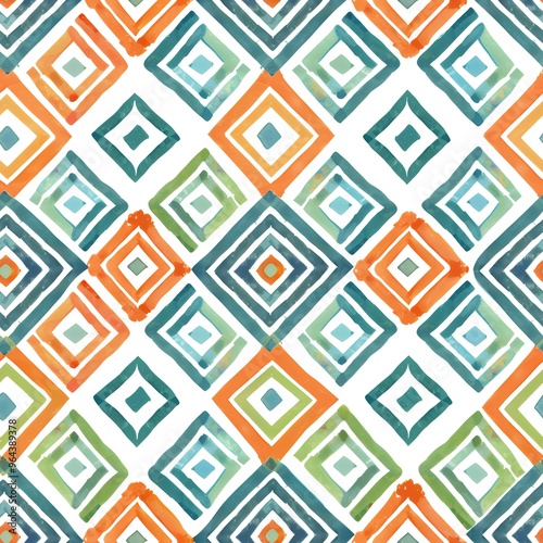 Abstract watercolor diamond pattern in shades of blue, orange, and green.