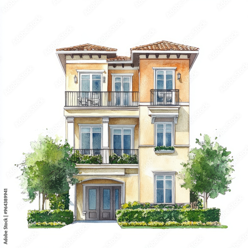 Fototapeta premium Watercolor Illustration: Modern Quadruplex House on White Background 1