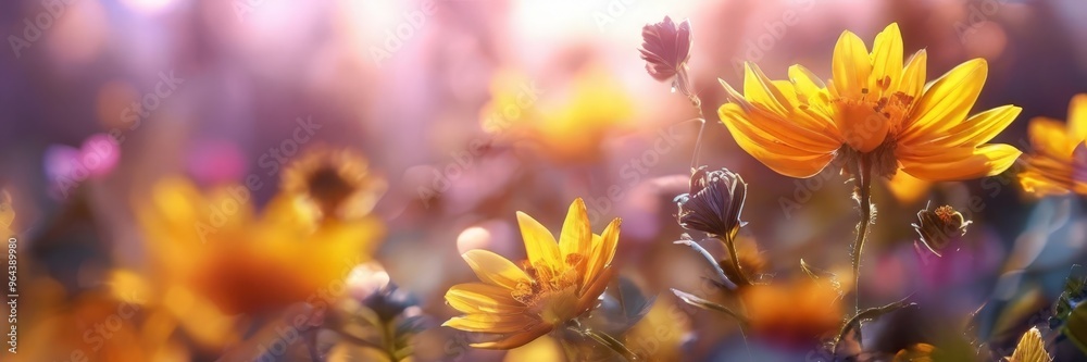 Fototapeta premium A field of vibrant yellow flowers bathed in soft, warm sunlight, with a blurred background of more flowers and foliage.