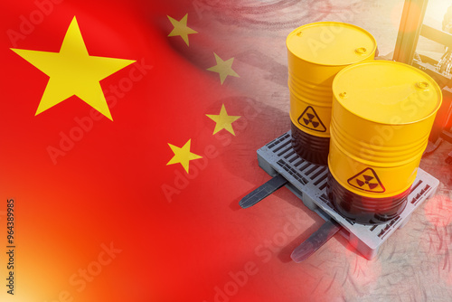 Barrels of uranium with fla...