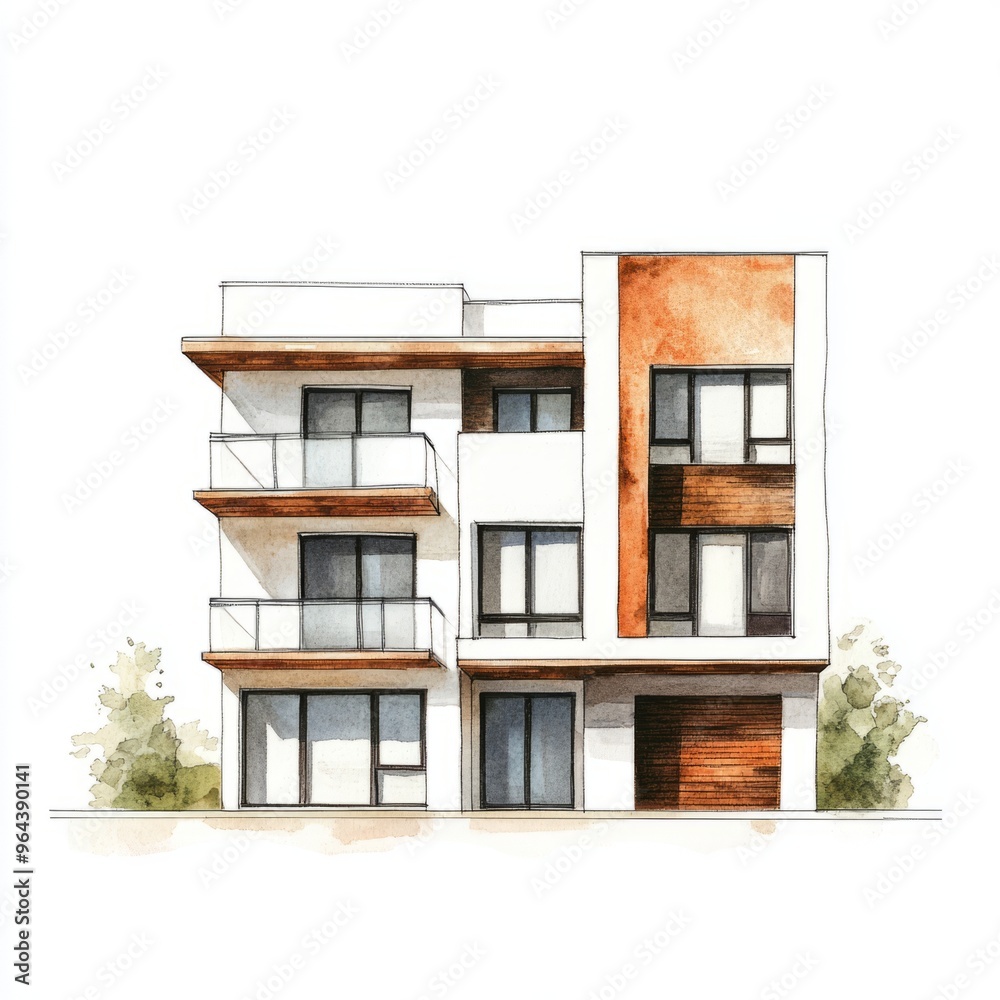 Fototapeta premium Minimalist Quadruplex House Watercolor Painting - Isolated on White Background