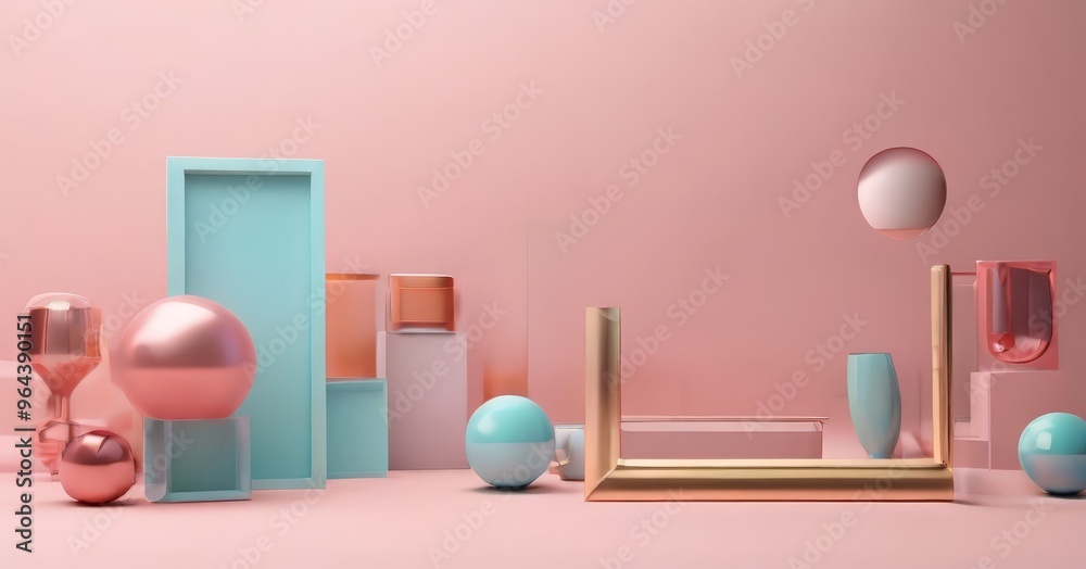A collection of geometric shapes and objects in pastel colors, including spheres, cubes, and a frame, arranged on a pink background. A collection of geometric shapes and objects in pastel colors, including spheres, cubes, and a frame, arranged on a pink background.