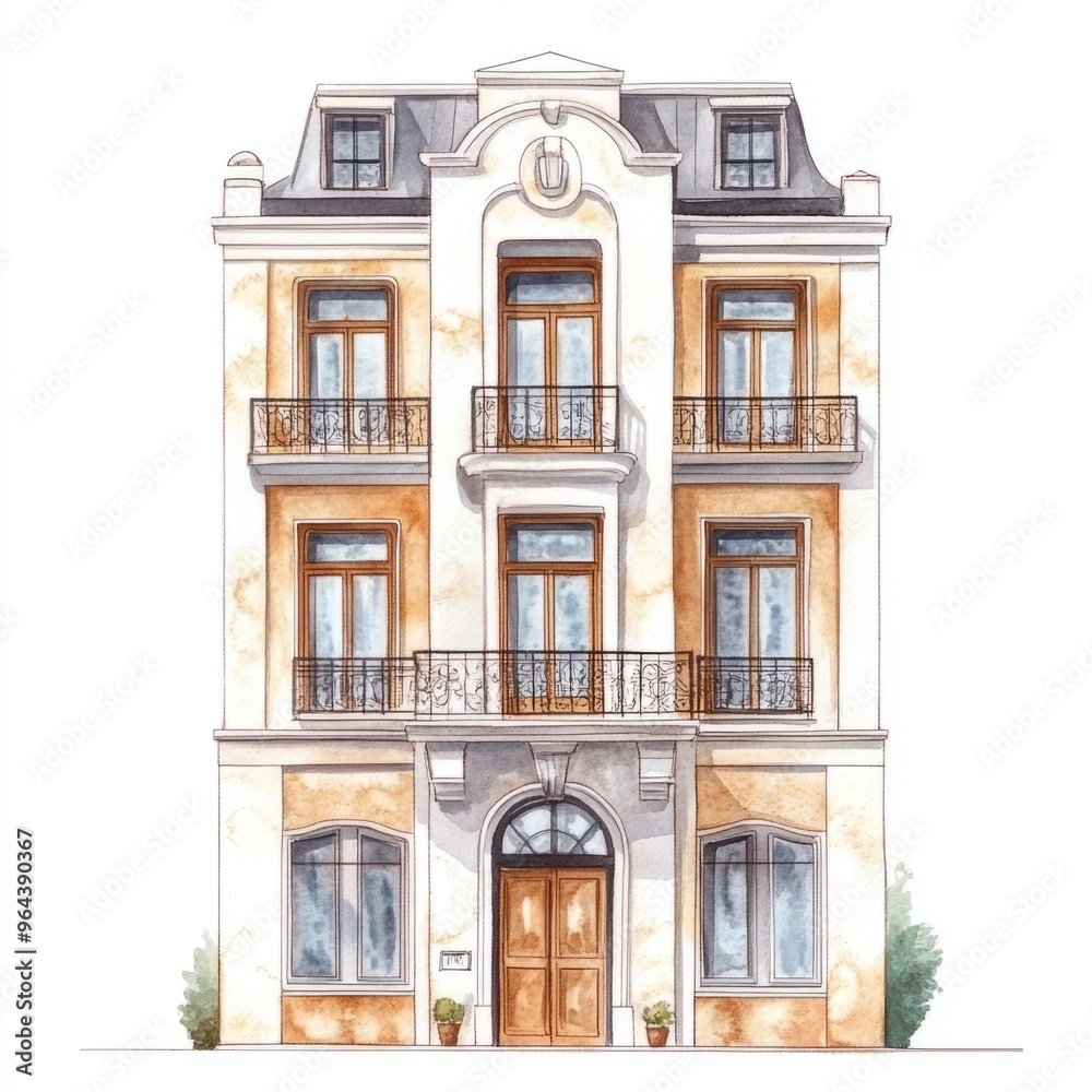 Obraz premium Art Deco Townhouse Watercolor Painting: Isolated Illustration