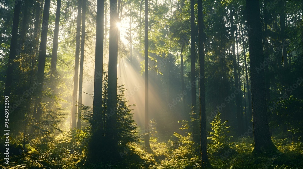 Fototapeta premium Misty morning sunlight filters through the trees in a vibrant autumn forest