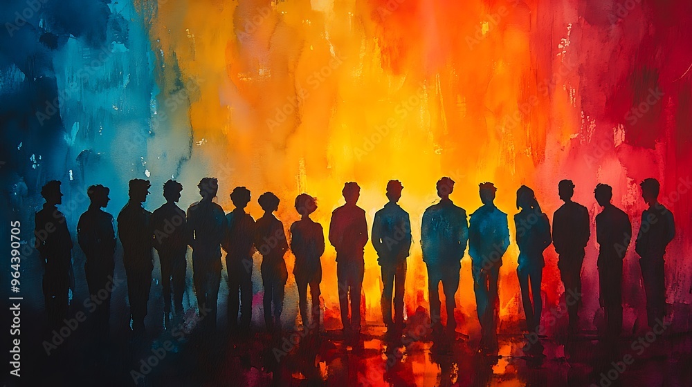 Silhouettes of People Standing in Front of a Vibrant Watercolor Background. Silhouettes of People Standing in Front of a Vibrant Watercolor Background.