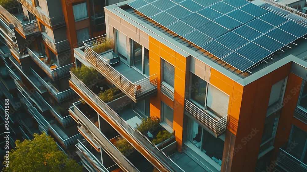 Modern Apartment Building with Solar Panels on Rooftop Modern Apartment Building with Solar Panels on Rooftop