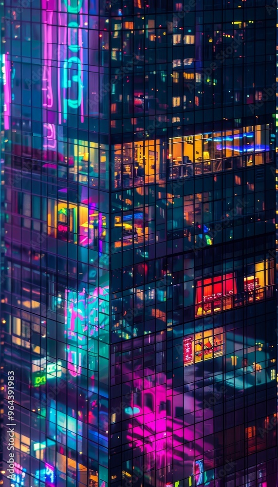 Close up of skyscraper windows at night vibrant interior lights and reflective neon signs Close up of skyscraper windows at night vibrant interior lights and reflective neon signs