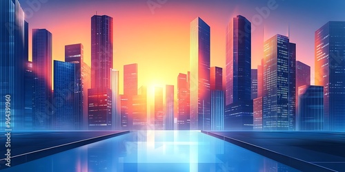 Skyscrapers of a smart city, futuristic financial district, graphic perspective of buildings and reflections.