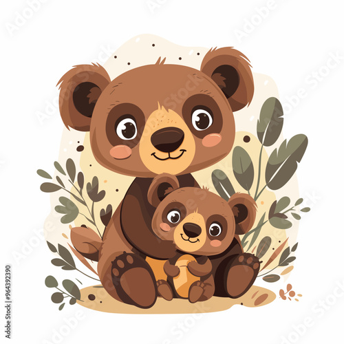 Cute cartoon vector illustration of a mother and her little baby bear