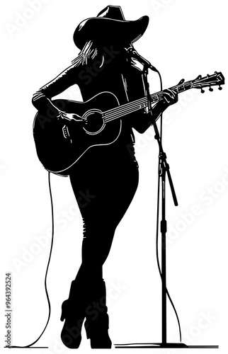 Silhouette of a female country western musician singing and playing the guitar, isolated 