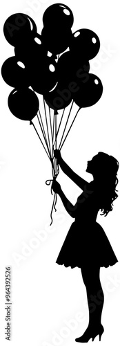 Young woman holding a bunch of balloons, in black, isolated 