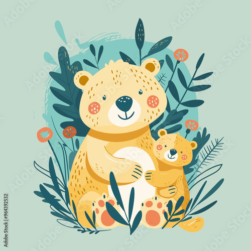 Vector illustration of a cute bear with a baby in the forest.