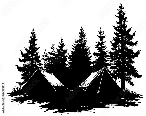 Silhouette of camping tents in a forest, in black, isolated 