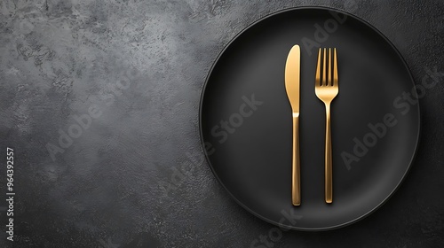 A black plate with a gold knife and fork on a dark grey background.