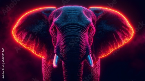 High-resolution neon light elephant image, highlighting bold glowing patterns and fine details