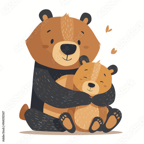 Cute bear hugging his mother. Vector illustration in cartoon style.