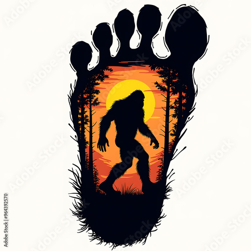 Vintage Sunset Bigfoot Footprint Vector T-Shirt Design with Silhouette