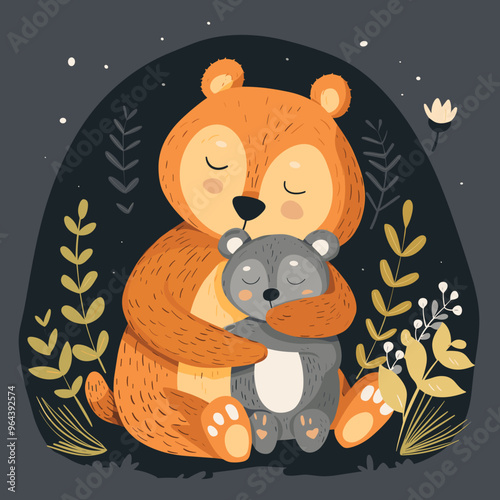 Cute cartoon vector illustration of a mother and her little baby bear