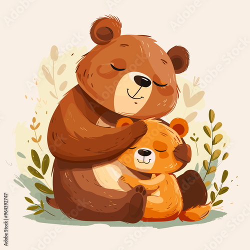 Cute cartoon teddy bear with a bear cub. Vector illustration.