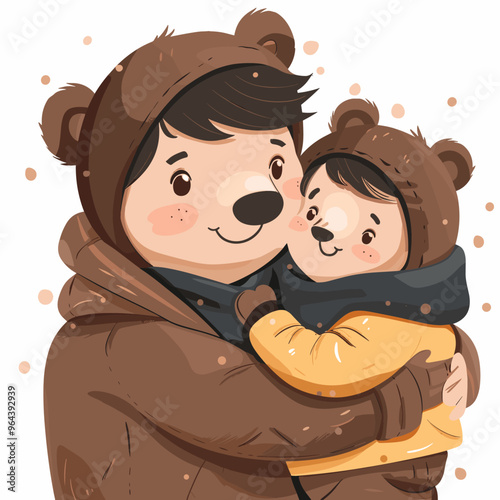 Cute cartoon vector illustration of a mother and her little baby bear