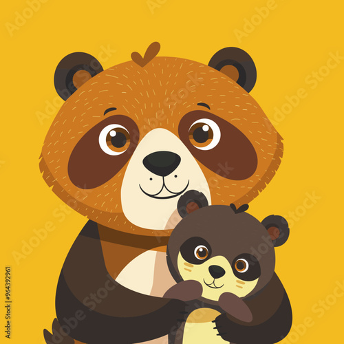 Cute cartoon vector illustration of a mother and her little baby bear
