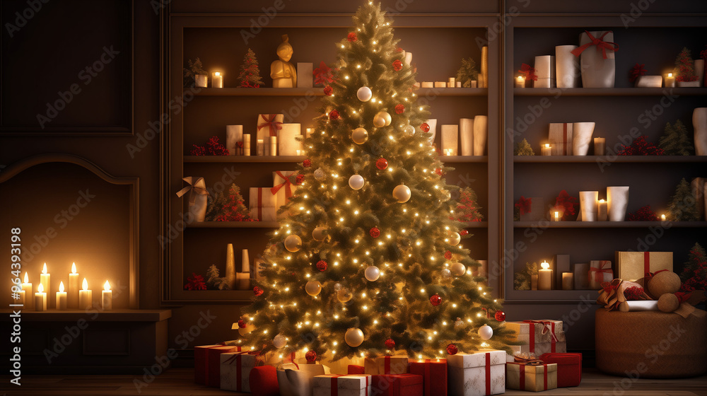 A decorated Christmas tree glowing in a dimly lit room, sparkling ornaments and bright string lights, presents neatly arranged underneath, magical and warm holiday atmosphere A decorated Christmas tree glowing in a dimly lit room, sparkling ornaments and bright string lights, presents neatly arranged underneath, magical and warm holiday atmosphere